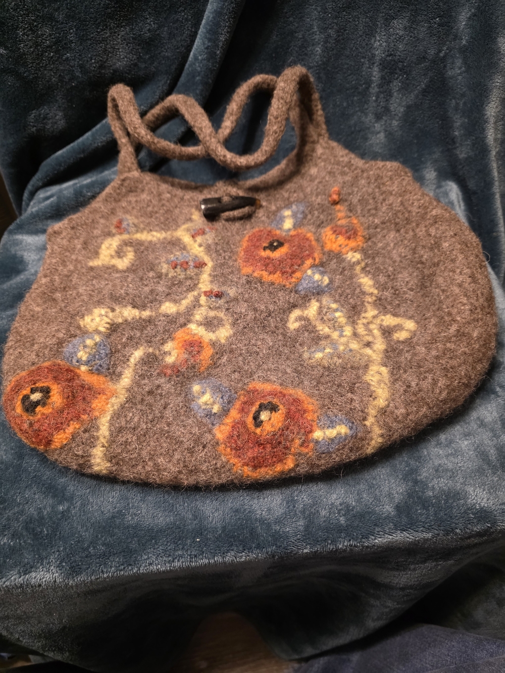 Brown Felt Shoulder Bag with Orange Floral Accents